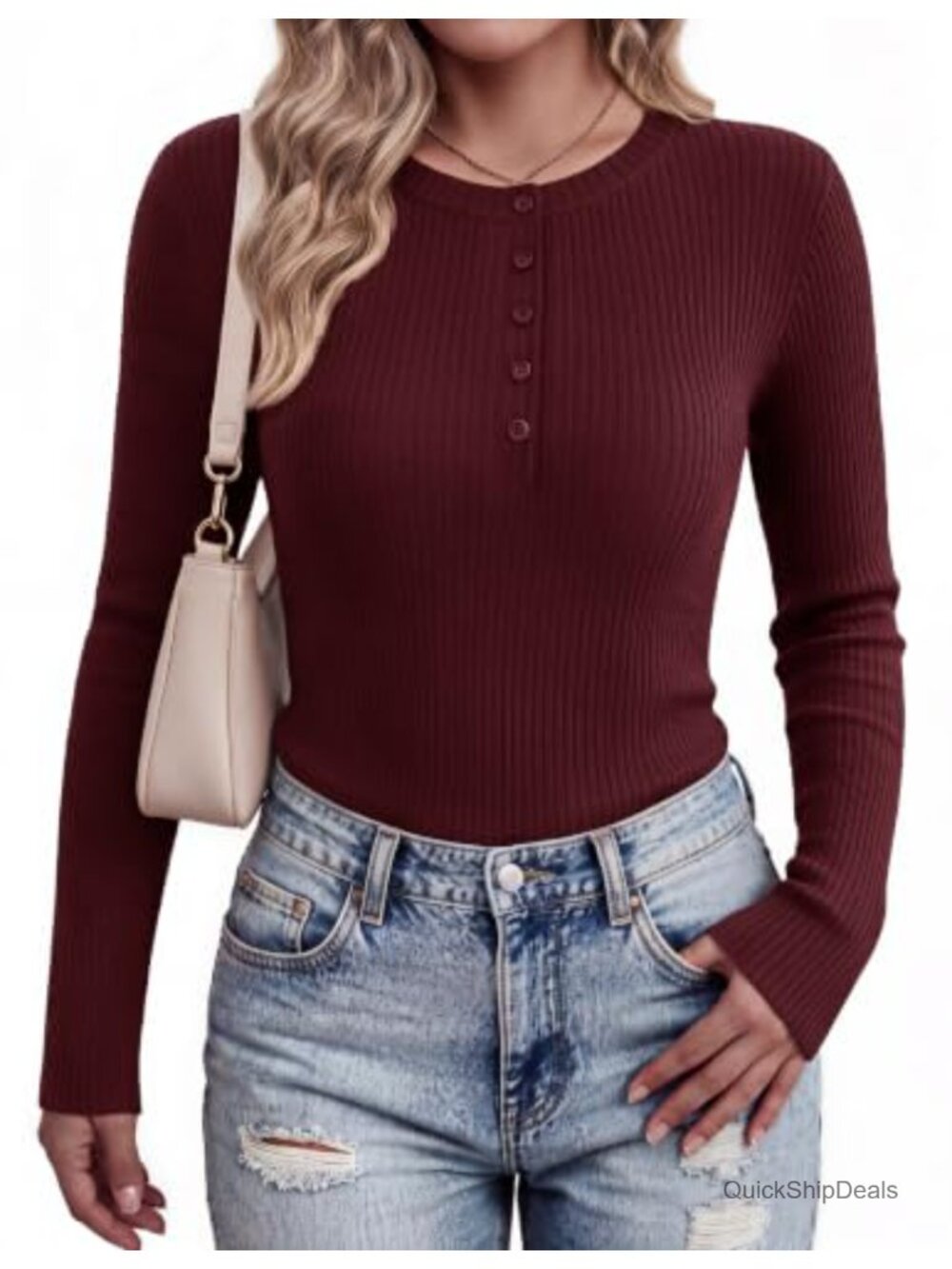 Ribbed Knit Henley Sweater Long Sleeve Button Front Slim Fit Lightweight
